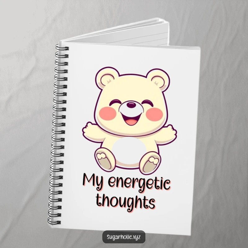 Funny Notebook: A grinning gummy bear in an energetic bounce, perfect for jotting down ideas with a playful vibe.