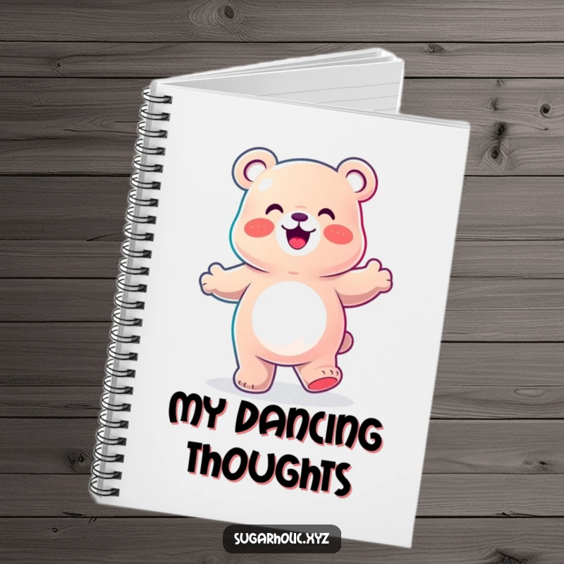 Funny Notebook with a gummy bear character doing a happy dance, perfect for jotting down creative ideas and dance steps.