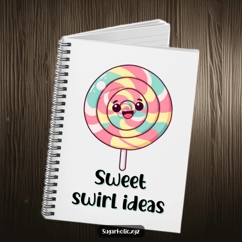 Funny notebook cover with a happy, swirled lollipop spinning, encouraging sweet journaling and creative thoughts.