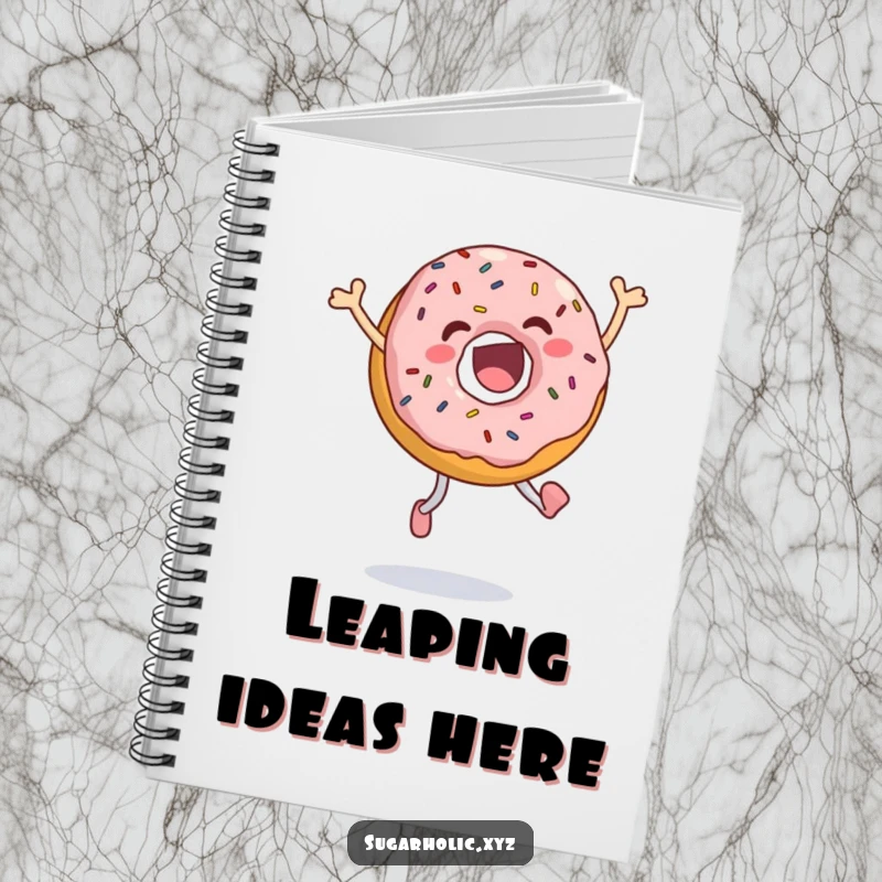 Funny jumping donut notebook featuring an ecstatic donut with sprinkles, captured mid-leap, ready for your notes and brilliant ideas.