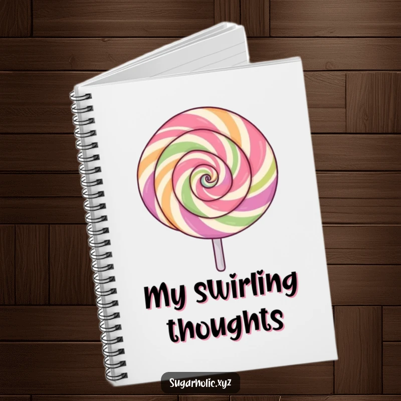 Funny lollipop notebook with a swirling pattern, spinning with excitement, for writing and planning, energetic design, funny gift.