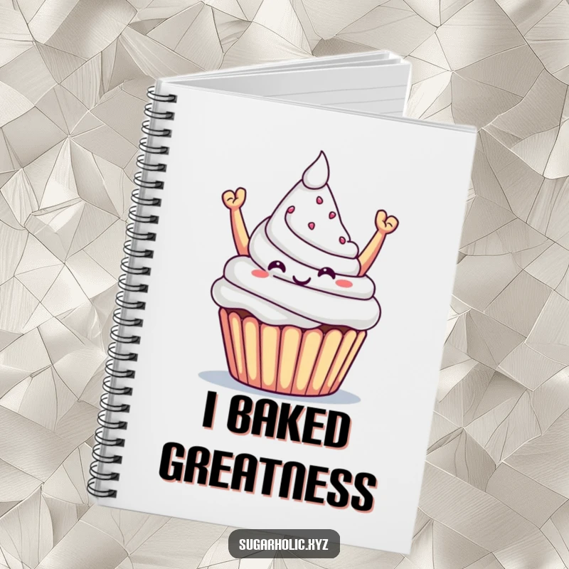 Funny notebook cover with a triumphant cupcake offering a sugary mountain, great for notes and ideas.