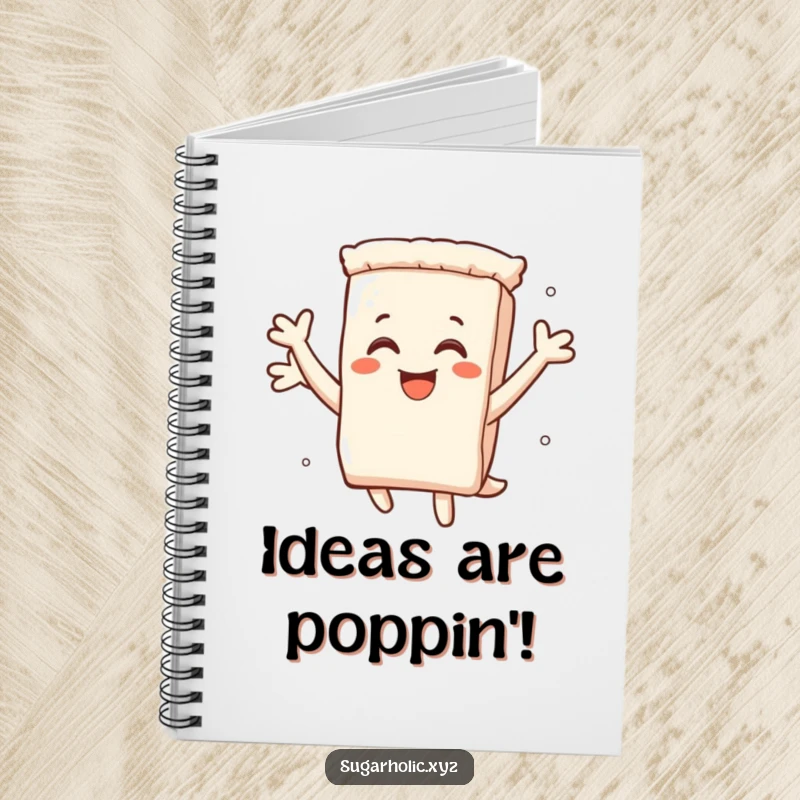 Funny notebook cover with a smiling sugar packet character leaping with pure delight, inspiring sweet and energetic thoughts.