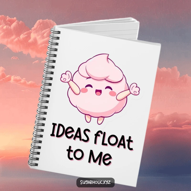 Funny notebook with a gleeful candy floss character floating happily upwards, perfect for jotting down sweet thoughts.