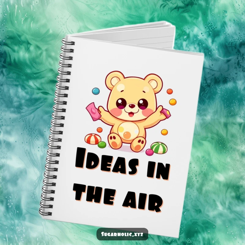 Funny notebook cover with a beaming gummy bear with large eyes, juggling colorful candies, inspiring creativity.