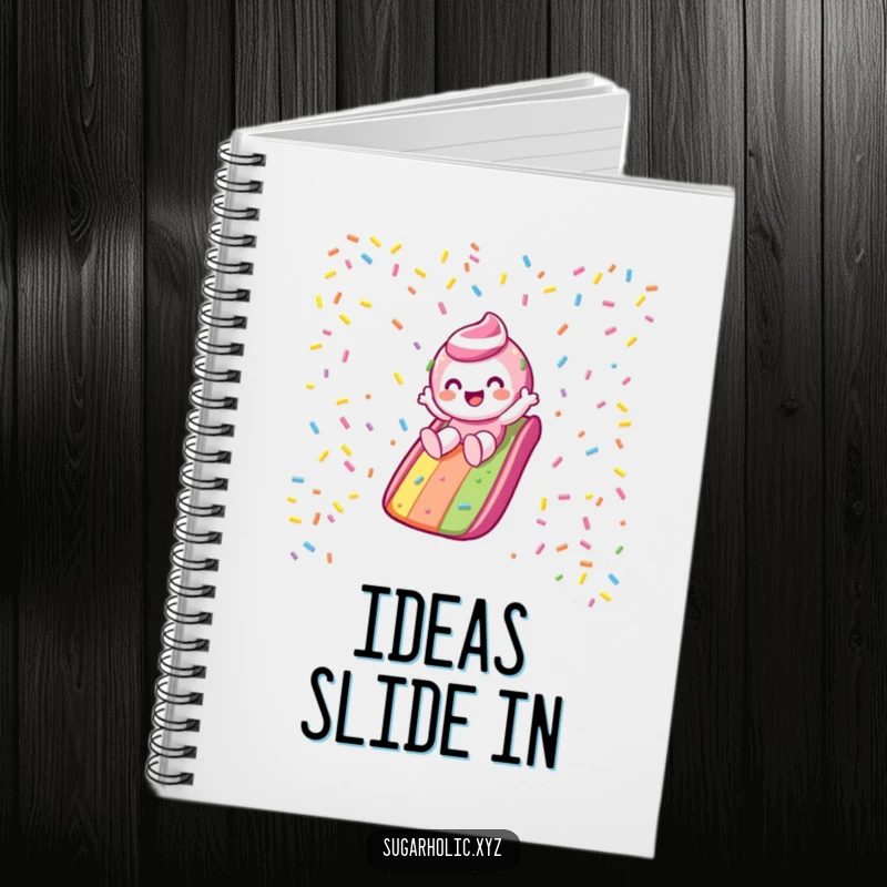 Funny Notebook: Candy character gleefully slides down a rainbow sprinkle slide, ideal for jotting down adventure plans.