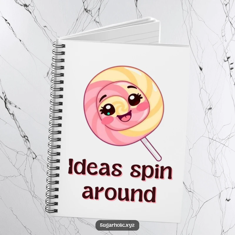 Funny Lollipop Notebook: A giggling lollipop spins happily, ideal for journaling or note-taking with a sweet, humorous touch.