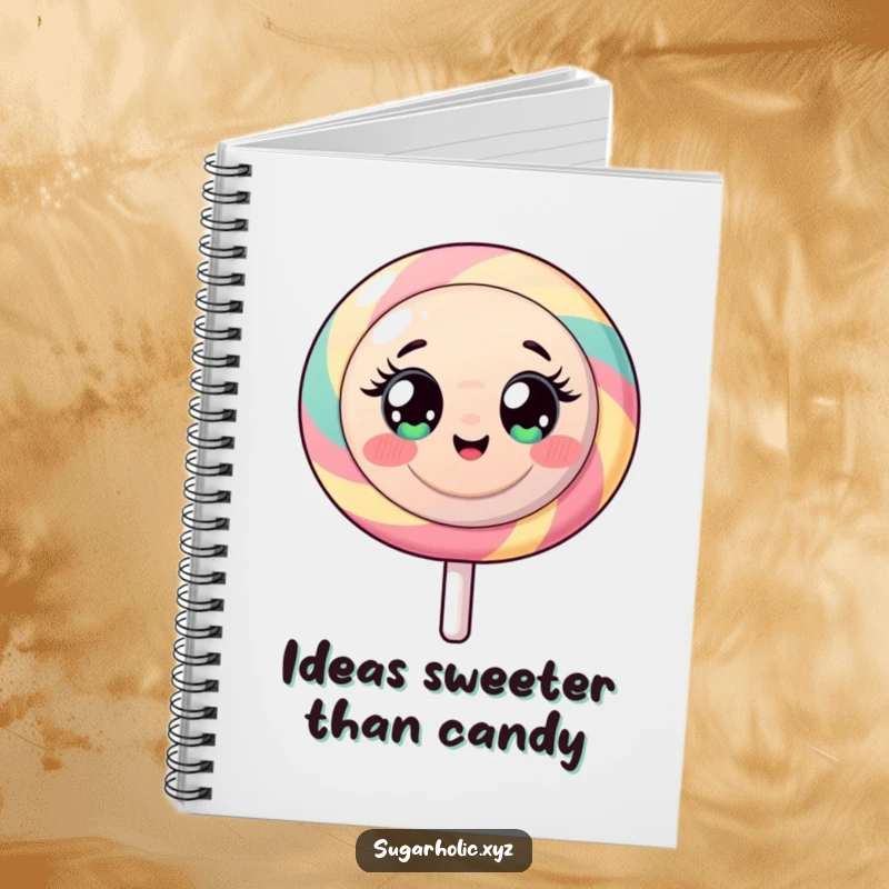 Funny notebook with a round lollipop character, wide-eyed and radiating cheerful sugary energy.