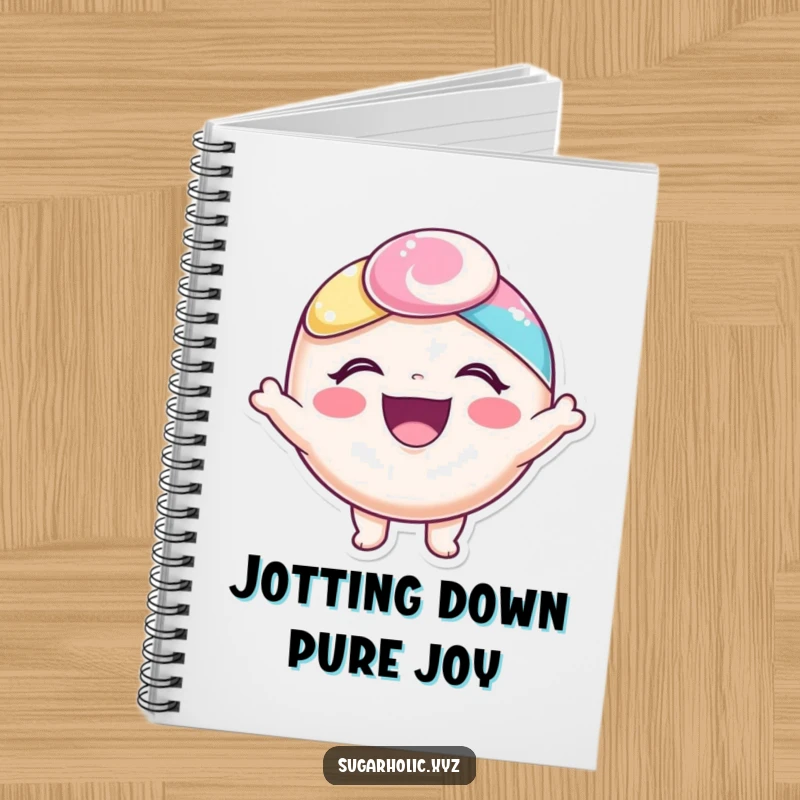 Funny notebook cover featuring a delighted candy character radiating pure joy, encouraging happy writing.