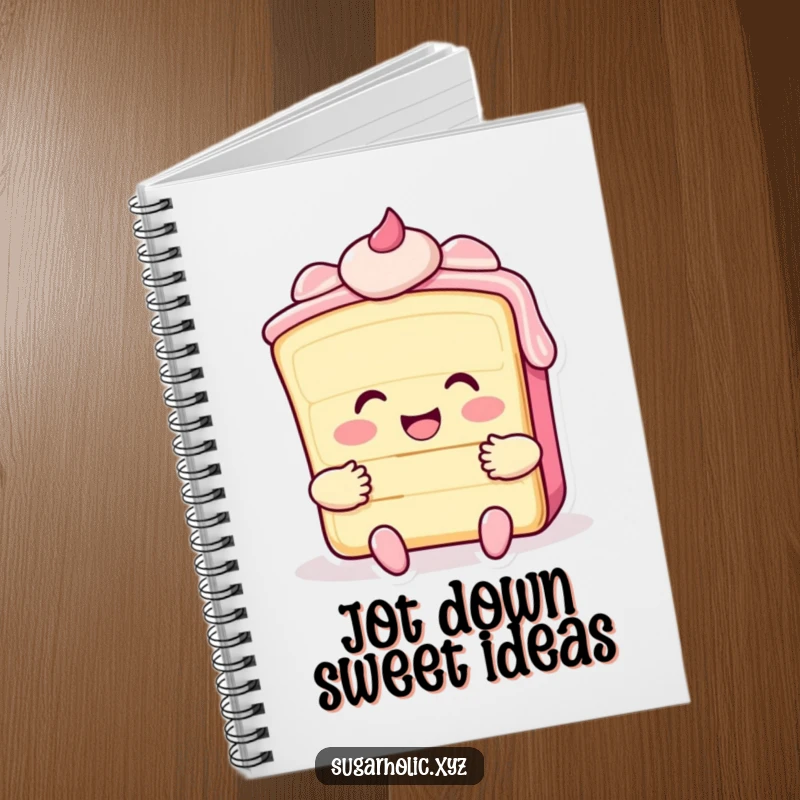 Funny notebook with a smiling cake slice and frosting giving a big hug, perfect for jotting down sweet thoughts.