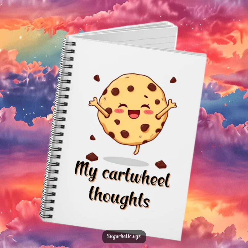 Funny cartwheeling cookie notebook featuring a joyful cookie with chocolate chips mid-cartwheel, ideal for capturing creative thoughts.