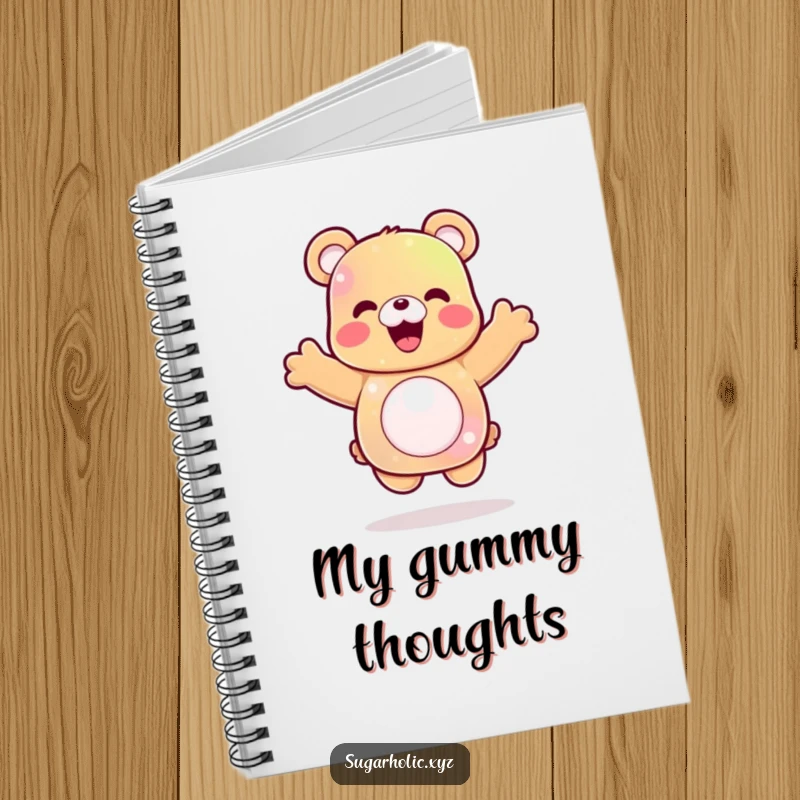 Funny gummy bear notebook depicting a delighted character mid-celebratory jump, perfect for note-taking and doodling.