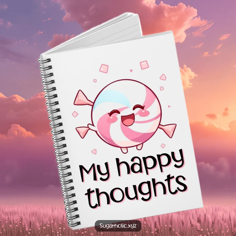 Funny notebook cover with a delighted candy twirling in sweet crystals, great for writing and creativity.