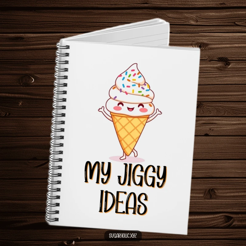 Funny ice cream cone notebook featuring a happy cone with sprinkles performing a lively jig, ideal for note-taking fun.