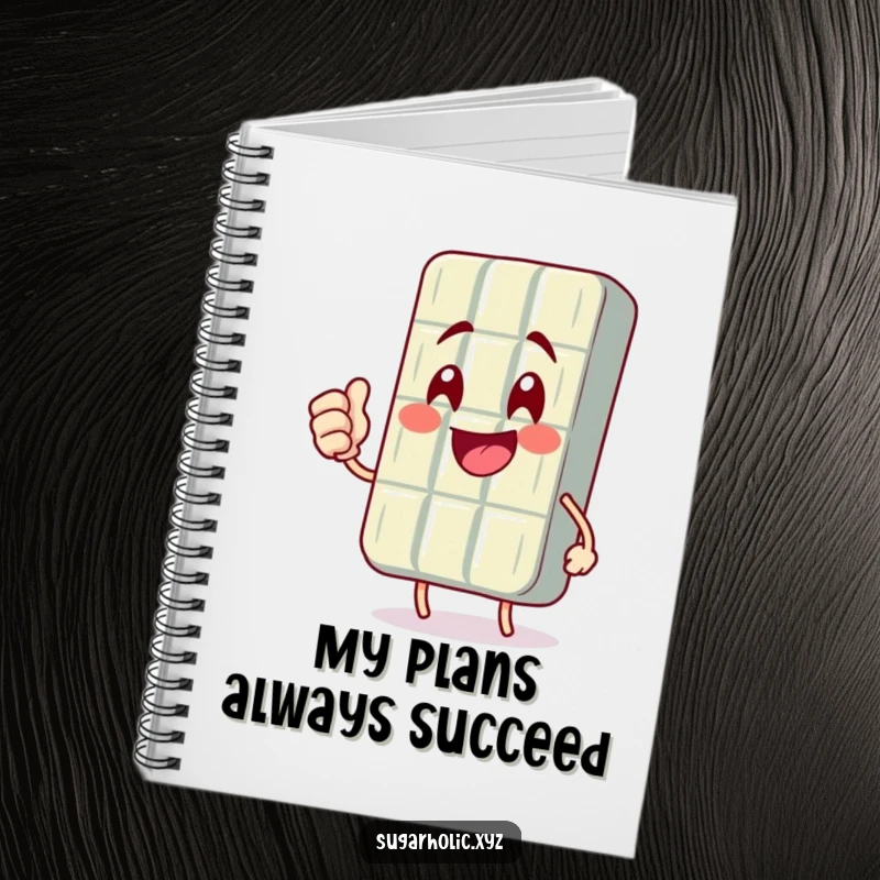 Funny notebook cover featuring a smiling chocolate bar character performing a celebratory fist pump, ready to record wins.