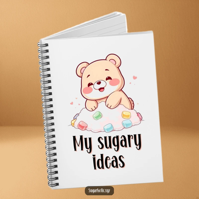 Funny notebook with a blushing gummy bear happily diving into a pile of sugar, ideal for writing.