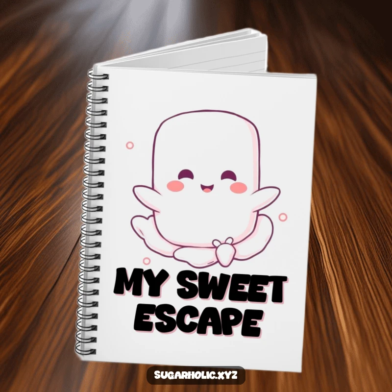 Funny notebook featuring a happy marshmallow character floating on a sugary breeze, inspiring sweet notes and delightful doodles with its whimsical charm.
