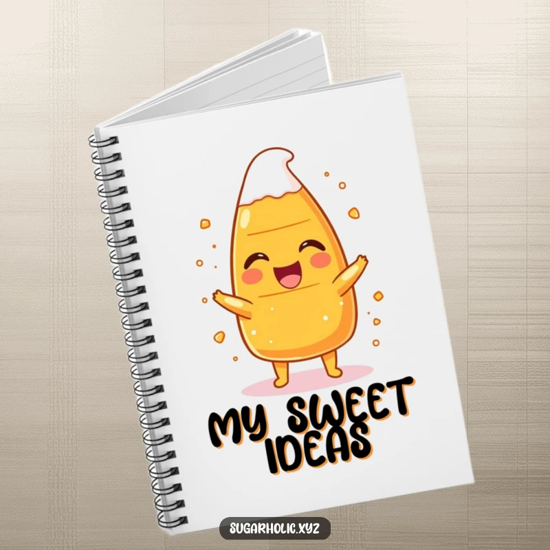 Funny candy corn character laughing joyfully, dusted with sugar, on the cover of a humorous notebook for jotting ideas.