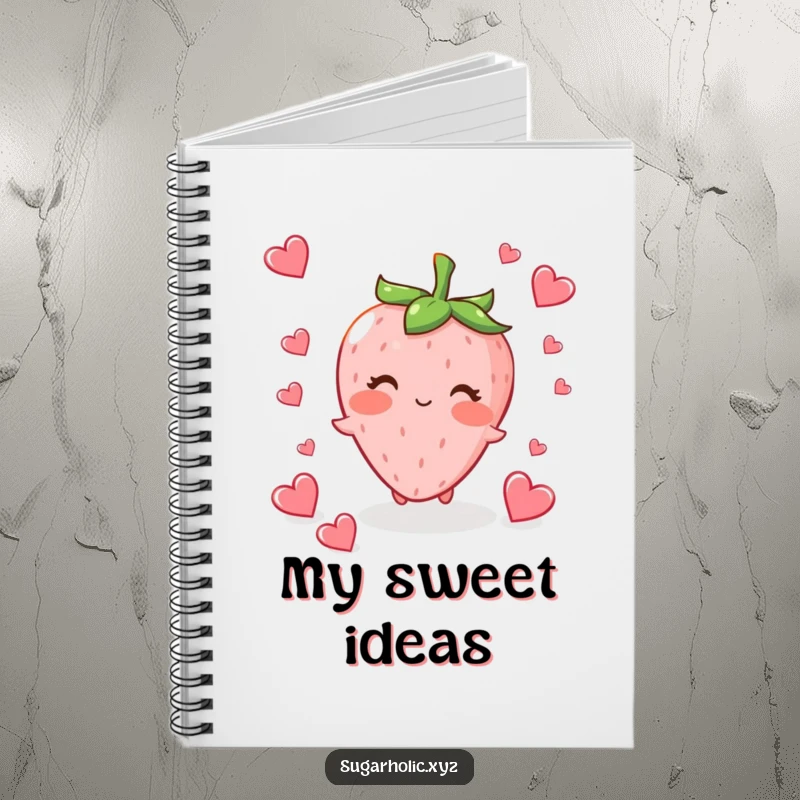 Funny blushing strawberry character fluttering tiny heart-shaped candies, perfect for a cute and inspiring notebook.