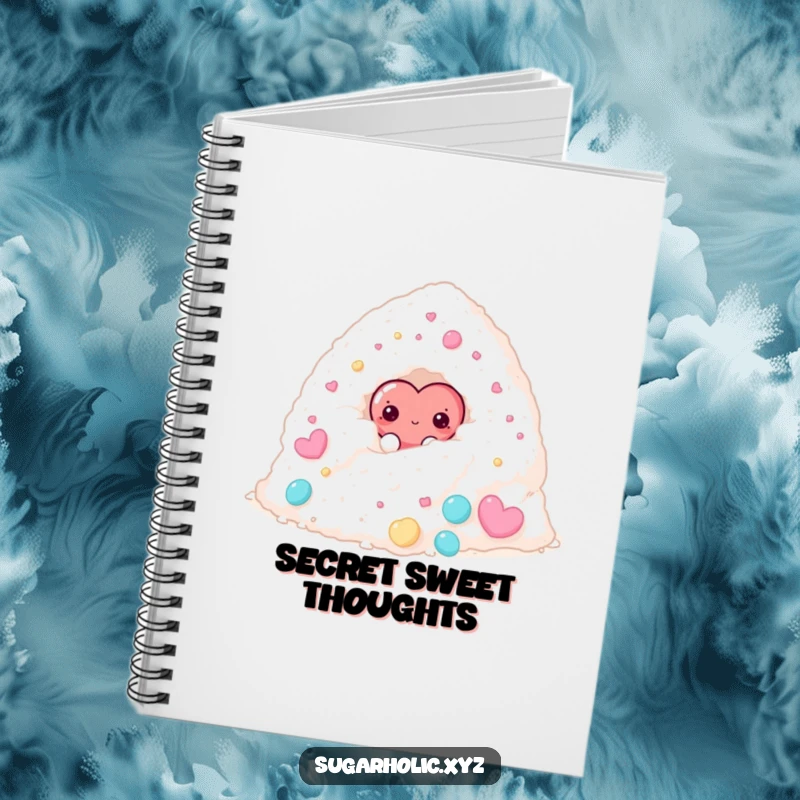 Funny notebook featuring a shy candy heart character peeking from behind a large sugar pile, perfect for notes.