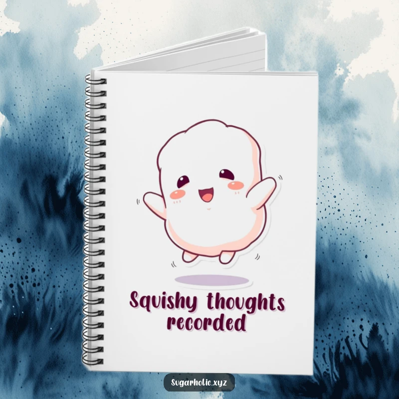 Funny Notebook: Fluffy marshmallow character bounces enthusiastically, perfect for notes and creative writing.