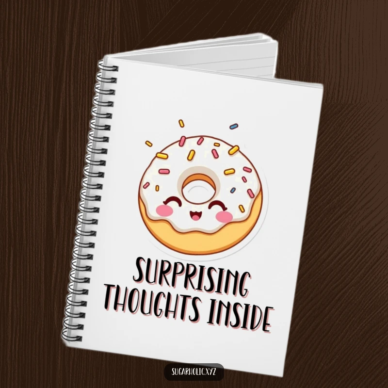 Funny notebook featuring a surprised donut character winking amidst a delightful shower of sprinkles, perfect for notes.