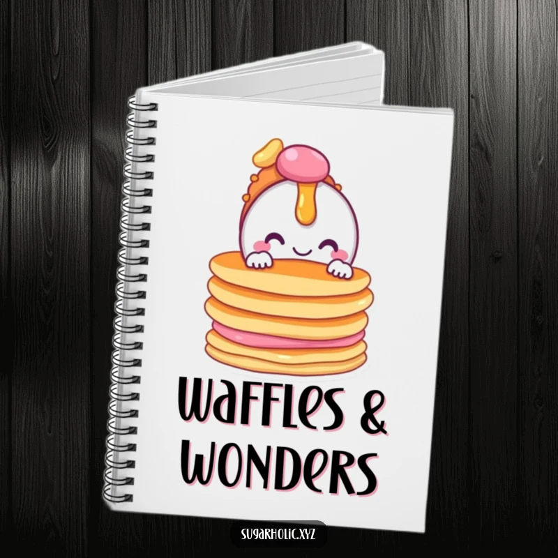 Funny notebook cover with a candy character peeking from pancakes, designed for sweet note-taking.