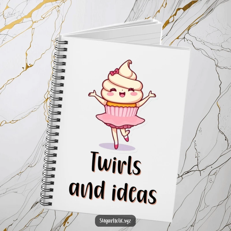 Funny notebook with a delighted cupcake character in a graceful ballet twirl, ideal for journaling and capturing sweet ideas with an elegant touch.