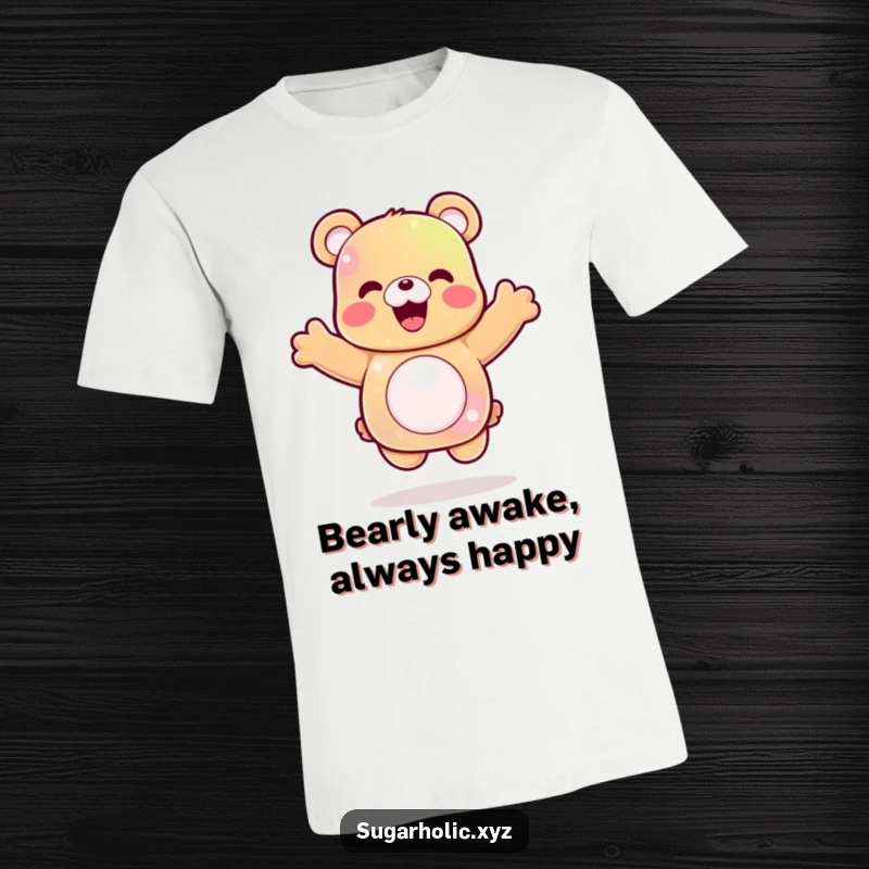 Funny gummy bear t-shirt depicting a delighted character in a celebratory jump, symbolizing fun and joyous moments.