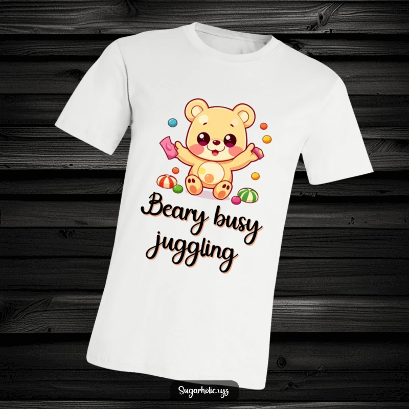 Funny T-shirt with a beaming gummy bear character, its big eyes focused, skillfully juggling colorful candies with glee.