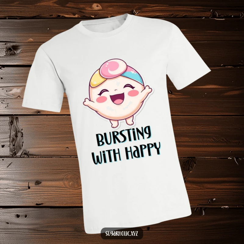Funny t-shirt showcasing a delighted candy character absolutely bursting with infectious joy and a radiant smile.
