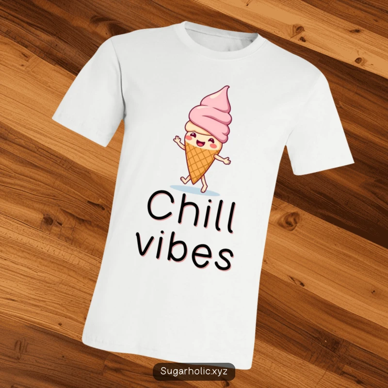 Funny ice cream cone character doing a happy little jig, printed on a fun and humorous t-shirt.