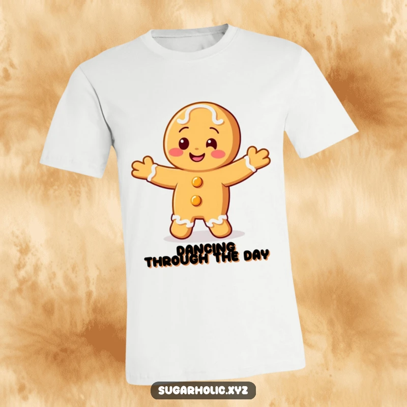 Funny t-shirt depicting a smiling gingerbread cookie doing a lively, happy jig.