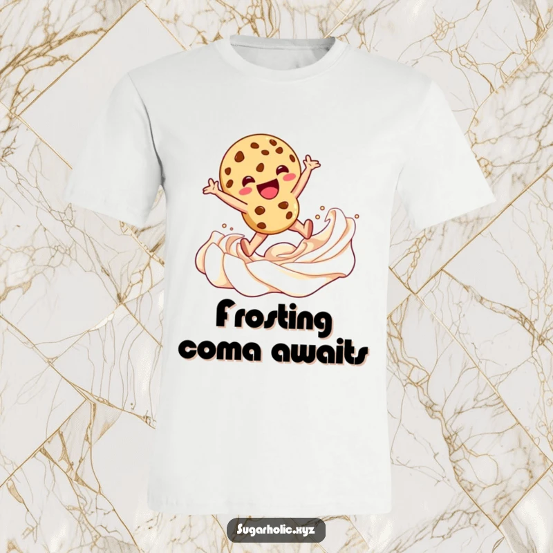 Funny T-Shirt illustrating a delighted cookie character taking a joyous leap into a luscious swirl of frosting, celebrating sweet indulgence.