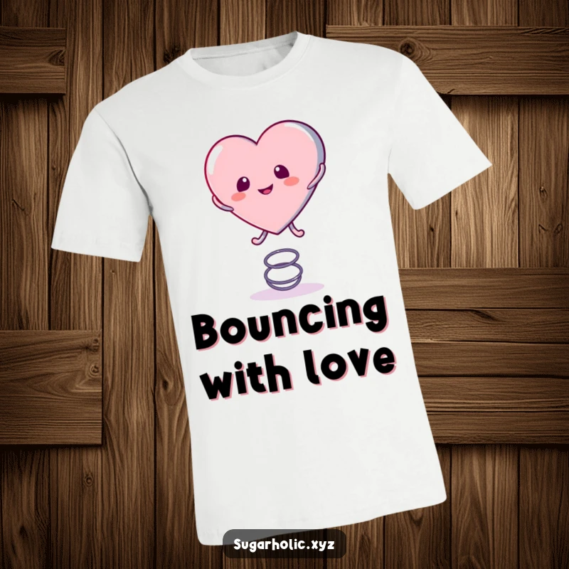Funny T-Shirt illustrating a cute candy heart character energetically bouncing on a spring, capturing pure, jubilant playfulness.