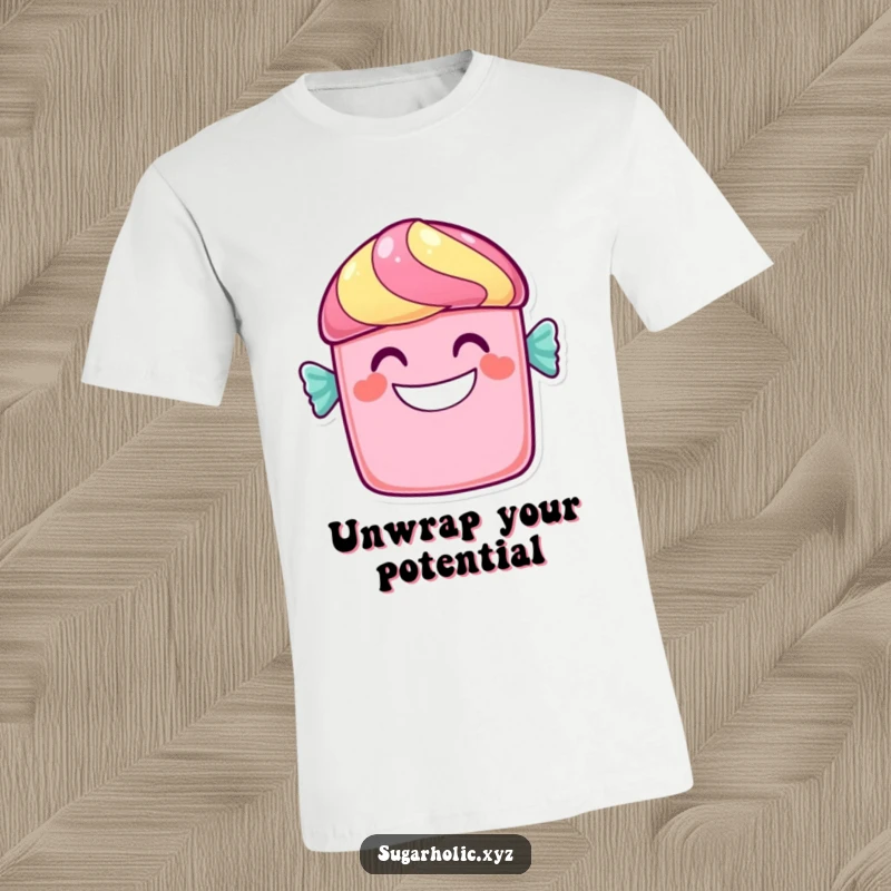 Funny candy bar t-shirt featuring a cheerful character with a wide, sweet grin, symbolizing happiness and joy.