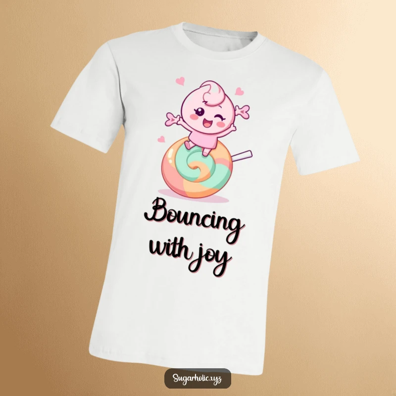 Funny T-Shirt: Cheerful candy character bounces with joy on a giant lollipop, radiating happiness and sweetness.