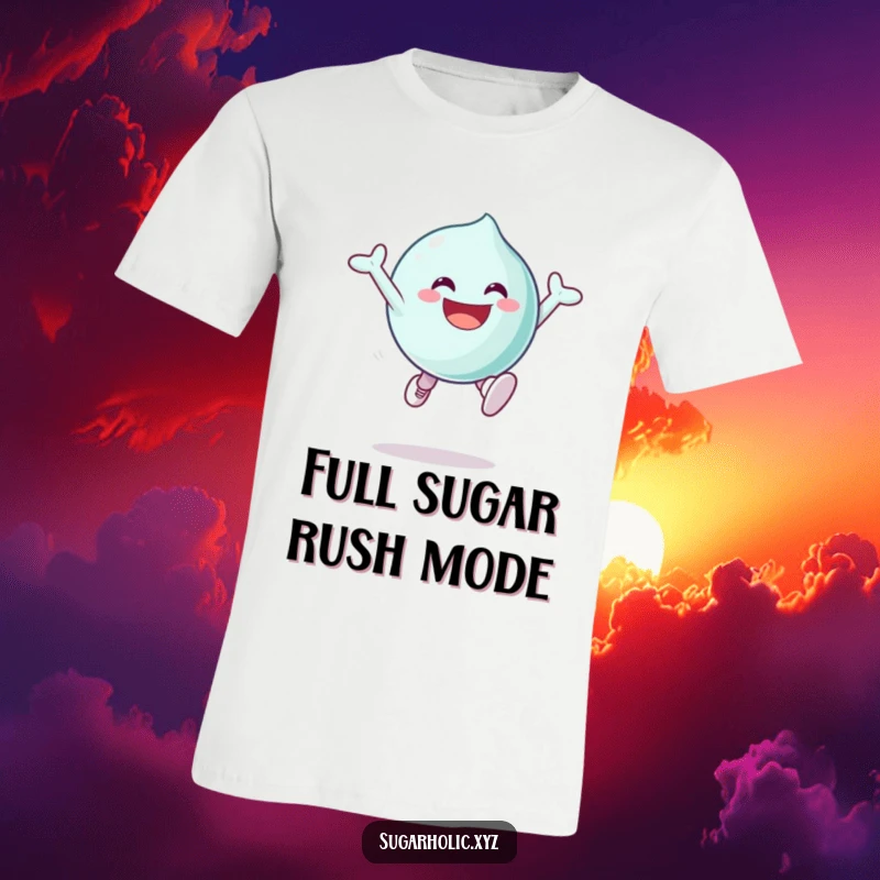 Funny T-Shirt showcasing a grinning candy character leaping with pure sugary excitement, capturing a moment of delightful energy.