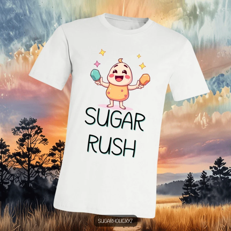 Funny joyful candy character juggling sparkling rock candies, printed on a fun and humorous t-shirt.