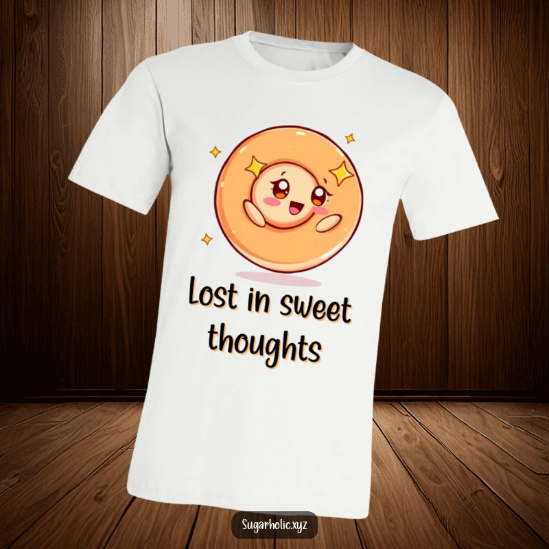 Funny t-shirt print of a caramel swirl character with a joyful expression and sparkling starry eyes, happily spinning around.