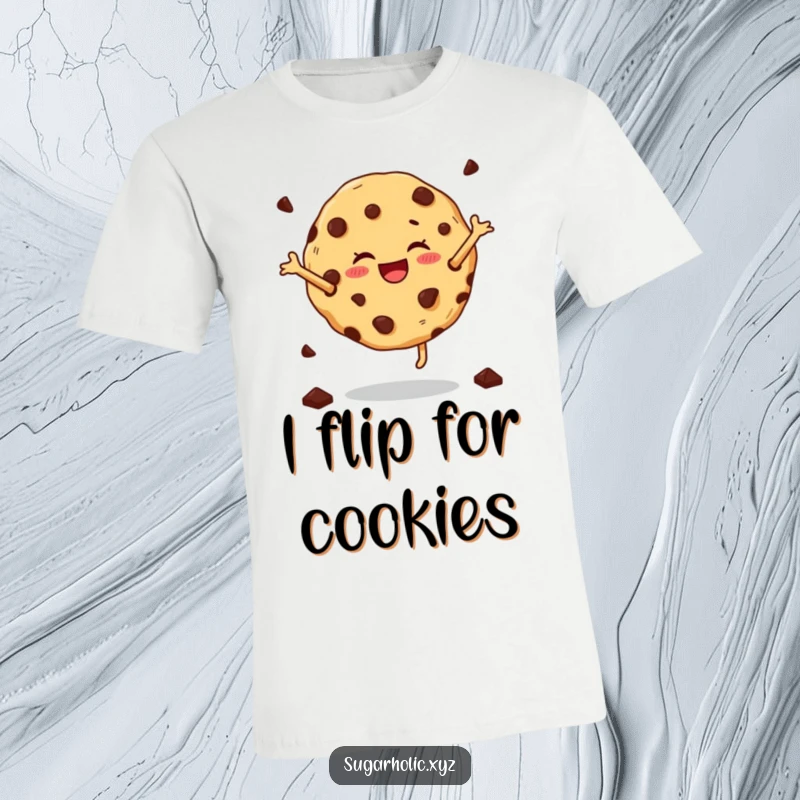 Funny cartwheeling cookie t-shirt featuring a happy cookie with chocolate chips doing a gymnast-worthy cartwheel.