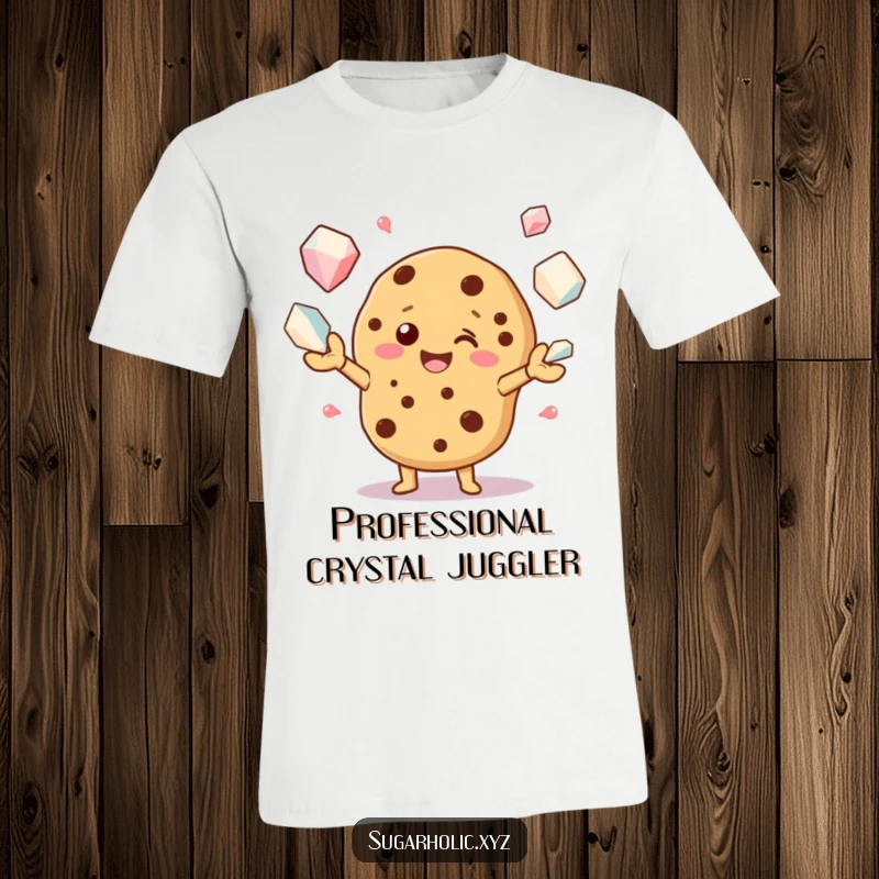 Funny t-shirt showcasing a joyous cookie character masterfully juggling massive sugar crystals in a vibrant, humorous design.