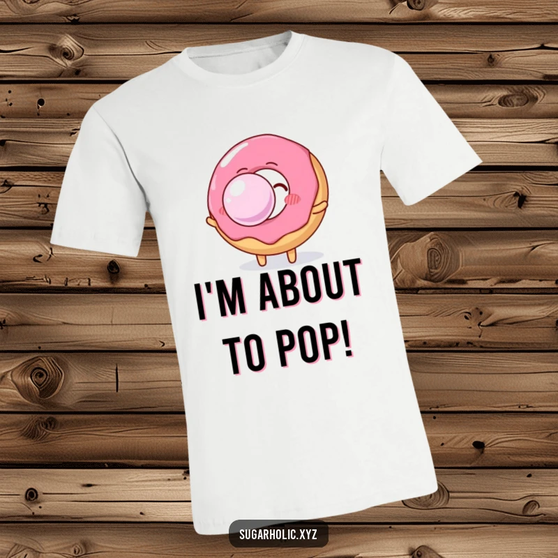 Funny donut character joyfully blowing a colossal, shiny bubble gum bubble, perfect for casual wear and spreading cheer.