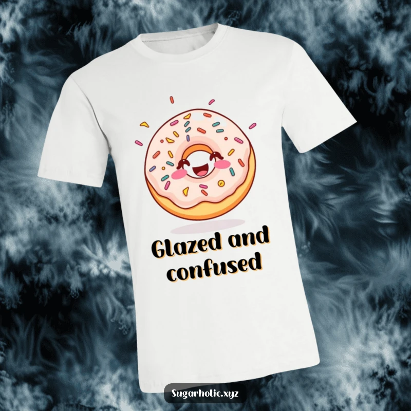 Funny doughnut t-shirt with sprinkles, bouncing with pure sugary joy, cheerful and vibrant, excellent funny gift.