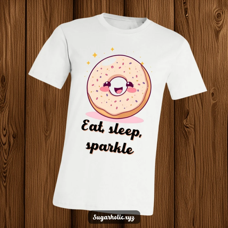 Funny sparkling donut character joyfully sprinkling glitter on a comfortable t-shirt, perfect for spreading cheer.
