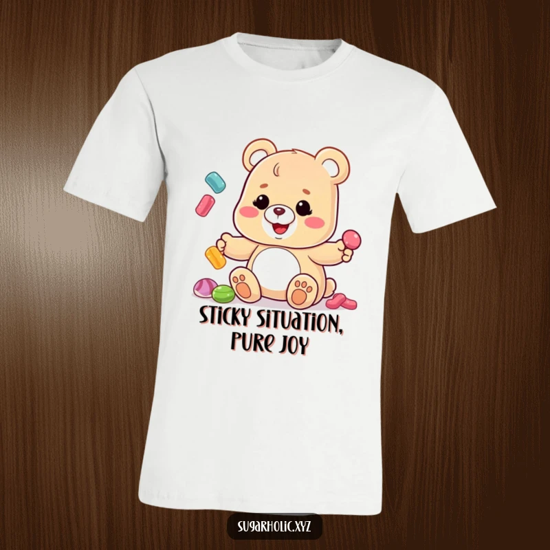 Funny Gummy Bear T-Shirt: A gummy bear with a huge grin tries to juggle a pile of candies, looking hilariously clumsy and fun.