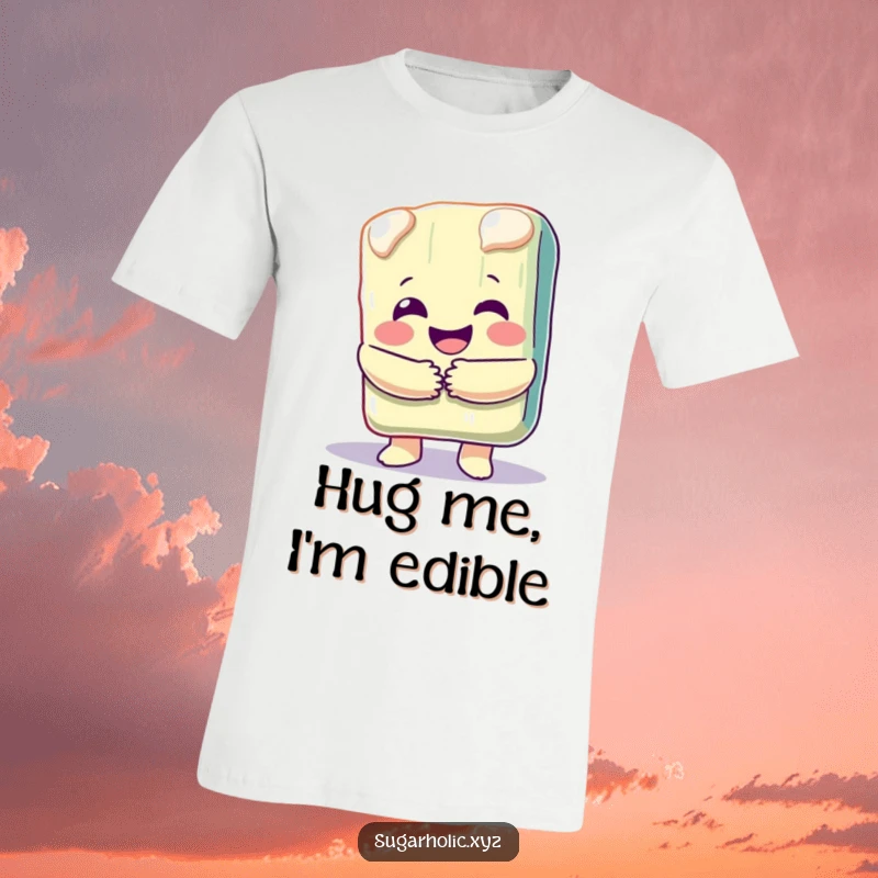 Funny T-shirt with a happy, melting candy bar character offering a big, generous hug, radiating warmth and sweetness.