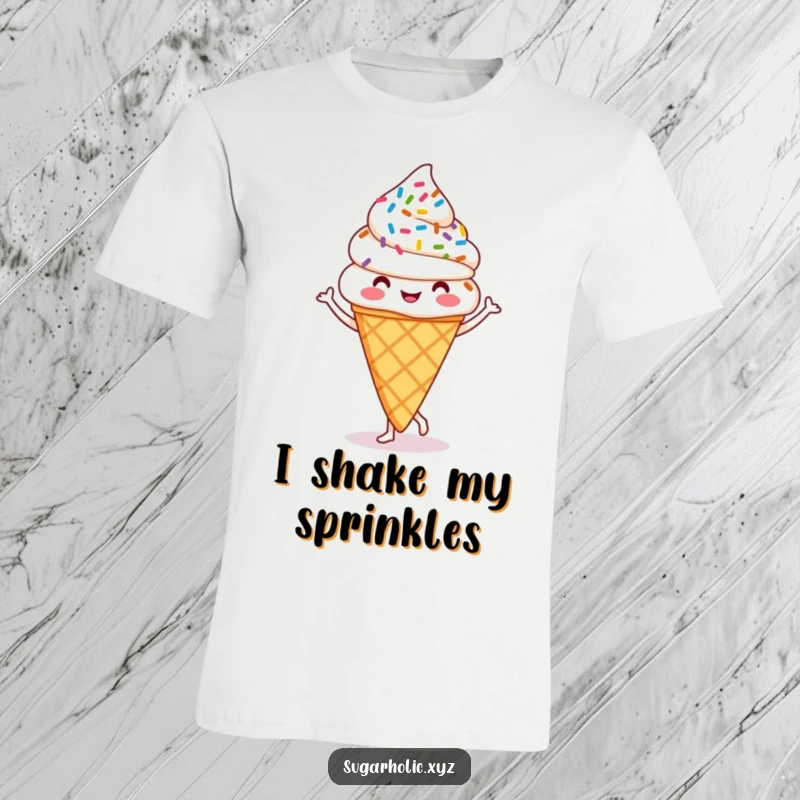 Funny ice cream cone t-shirt with colorful sprinkles captured mid-jig, a vibrant and humorous design for all ages.