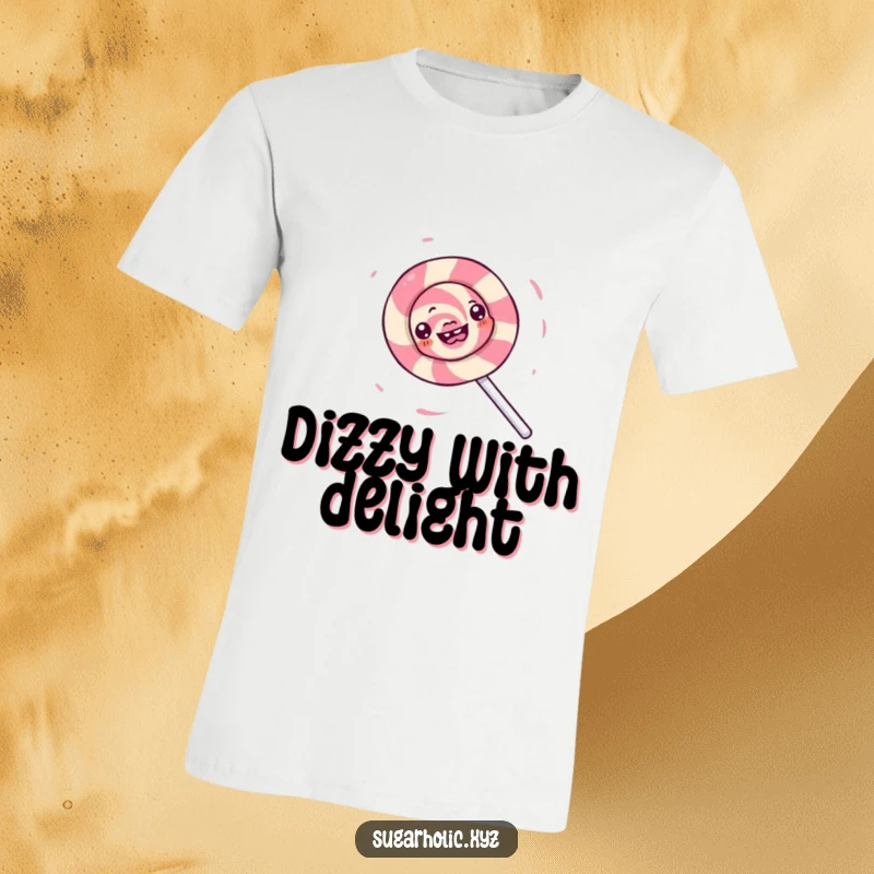 Funny t-shirt depicting a joyful lollipop character spinning rapidly, creating a mesmerizing swirl of sugary fun.