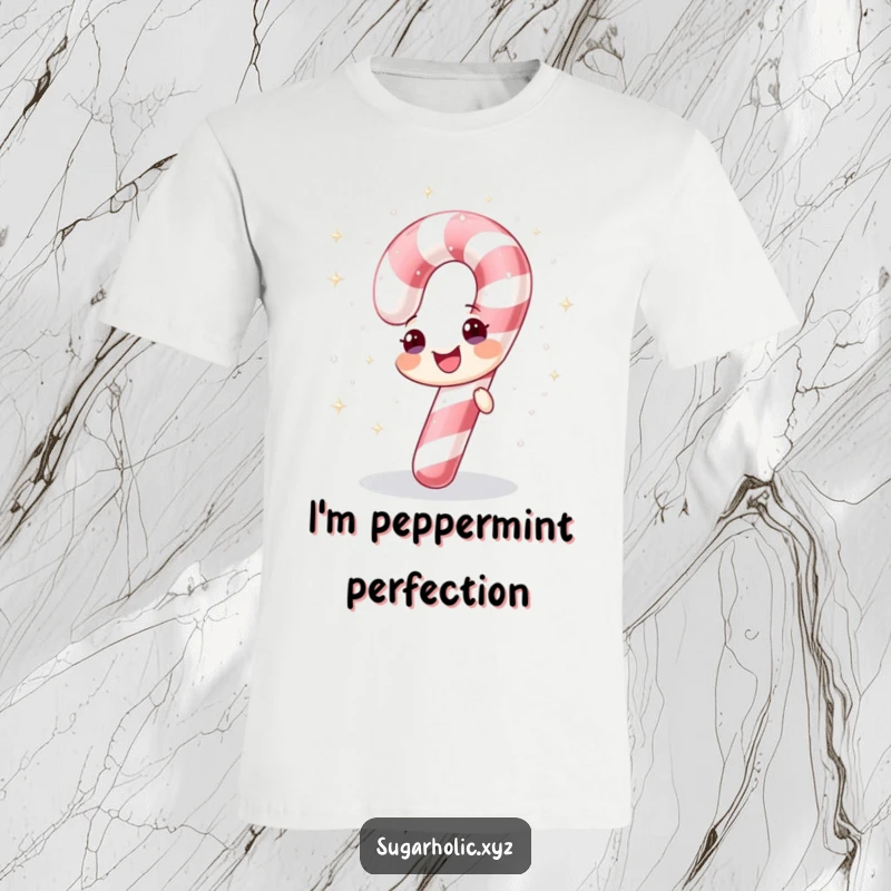 Funny t-shirt featuring a cheerful candy cane showering itself with sparkling sugar, perfect for festive fun.